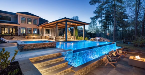 Luxury Swimming Pool with Waterfall and Lighting