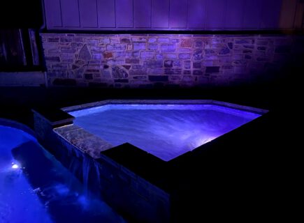 Freeform Infinity Pool at night with purple lights