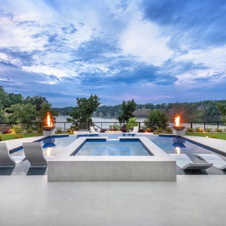 raised geometric spa with tanning ledges